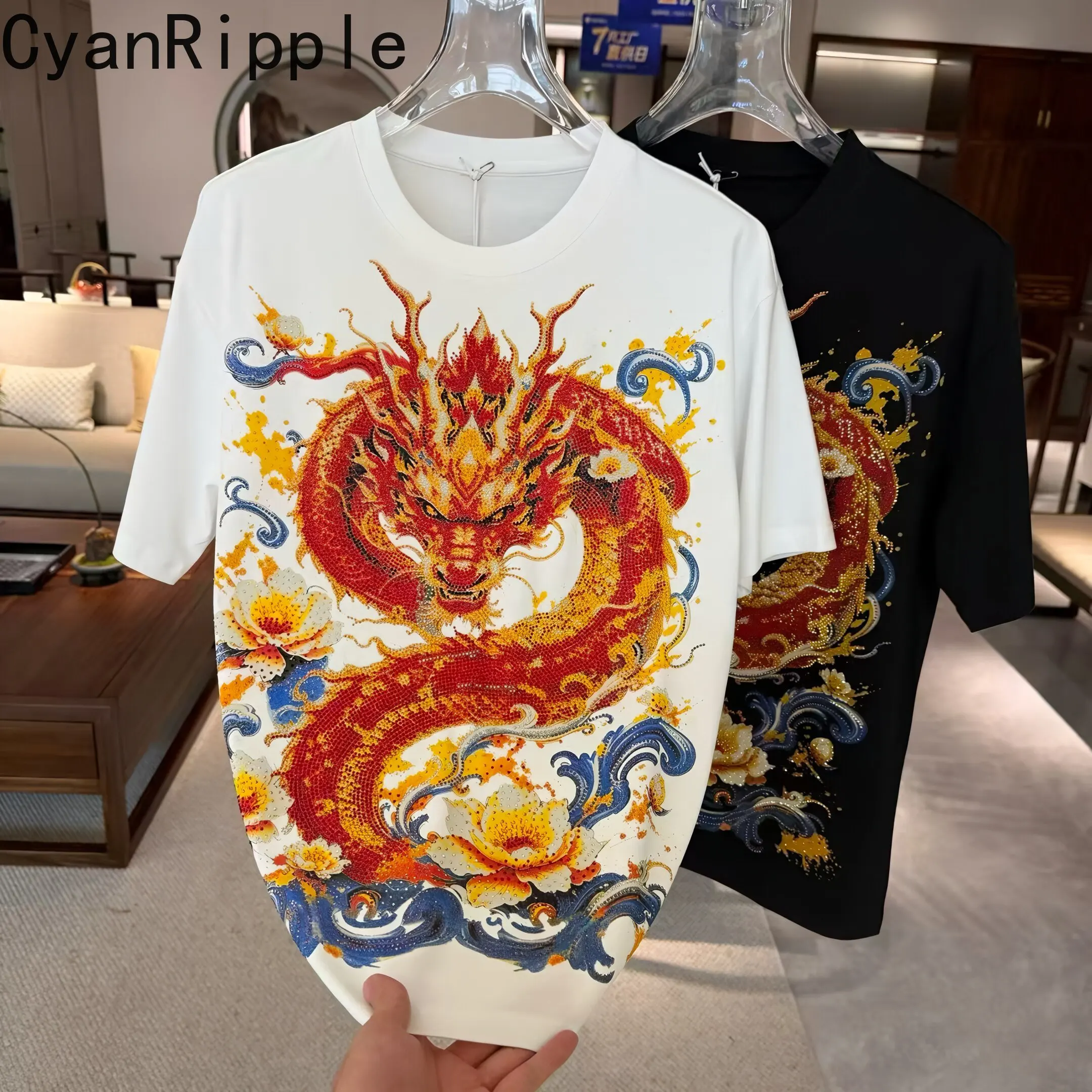 M-5XL Plus Size Men's Loose Short Sleeve T-shirt All-match New Autumn Domineering Dragon Hot Diamonds Round Neck Cotton Top Tees