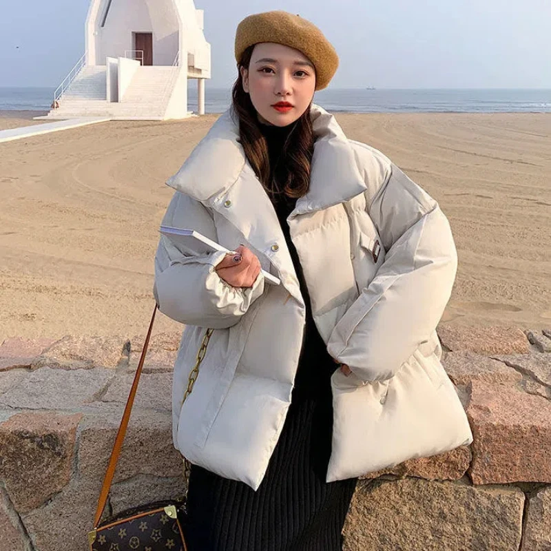 Winter Solid Color Turn-down Collar Long Sleeve Fashion Parkas Women High Street Loose Casual Patchwork Button Thick Warm Coat