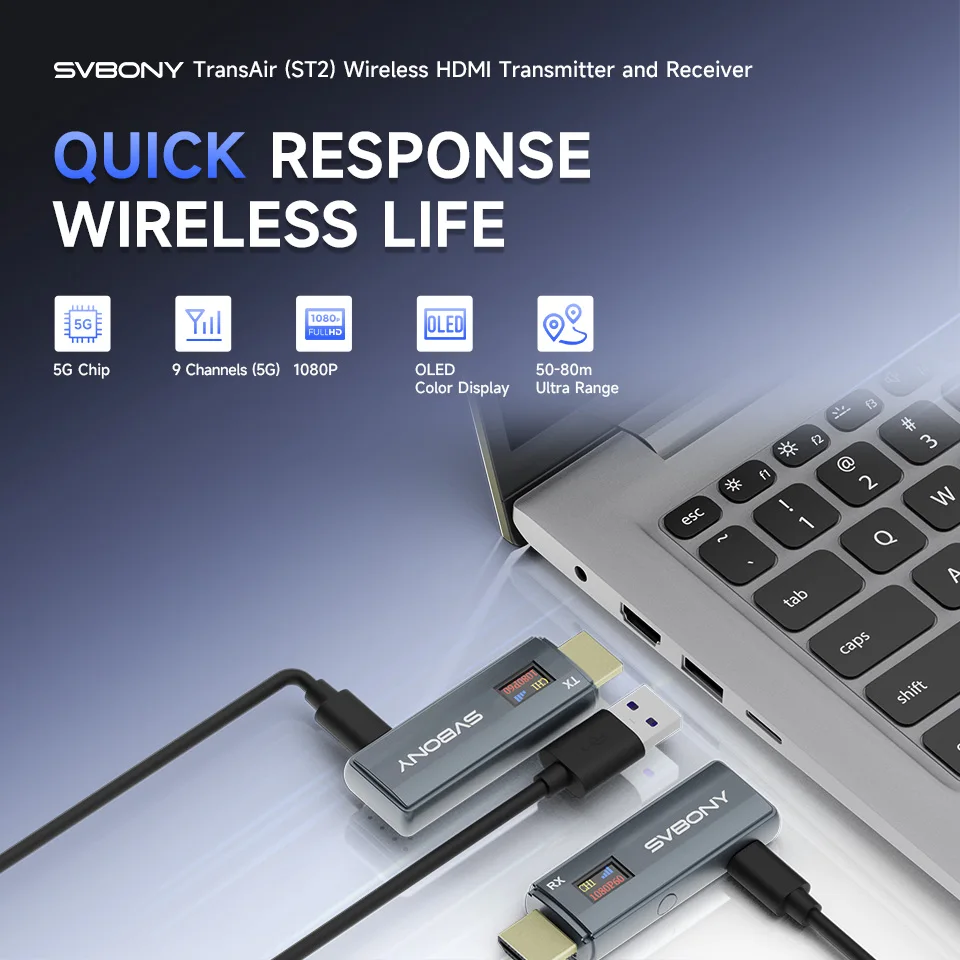 Svbony ST2 Kit estensor sem fio HD, sistema de transmissão HDMI com display OLED colorido de 0,42", saída 5G 1080P, distância 50-80m, Plug-and-Play