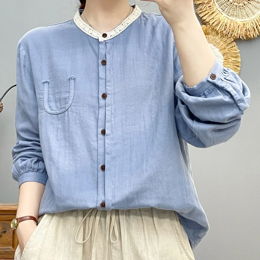 

[Ready Stock] High Quality Women 100% Cotton Blouse Shirt Autumn New Standing Lace Neck Long Sleeve Solid Color New Skinny Top