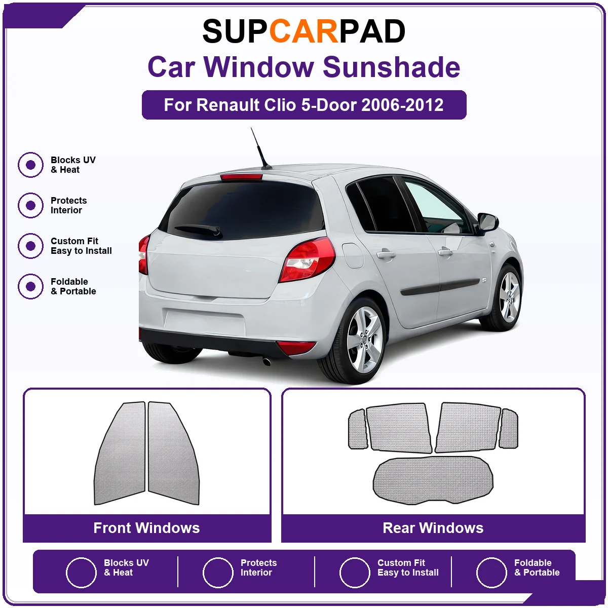 For Renault Clio 5-Door 2006-2012 Pre‑Cut Auto Window Sunshade Anti‑UV Car Sun Visor Protector