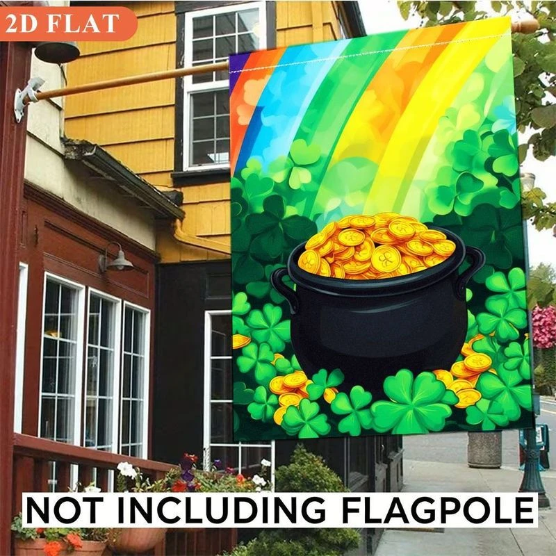 1pcs St. Patrick's Day Garden Flag 2D Flat Shamrock Rainbow Pot of Gold Lucky Yard Flag for Outdoor Patio Lawn Decor No Flagpole