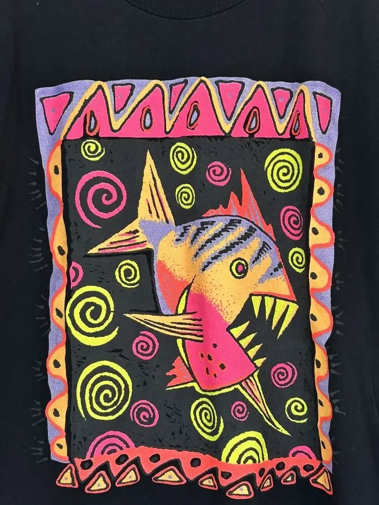 Vintage Fish Shirt 90s Tee Neon Short Sleeve Crew Neck 90s Shirt Artwork L