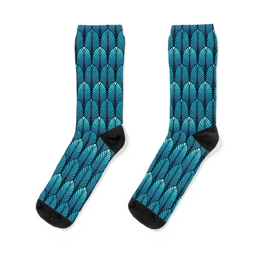 Art Deco Feather Pattern, Sapphire Blue Socks