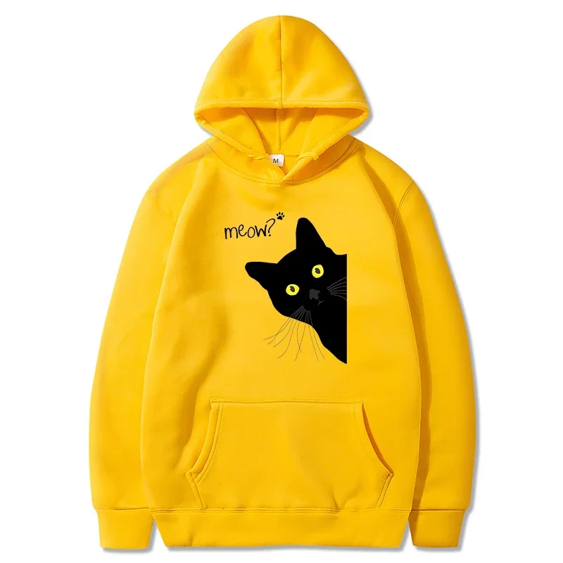 

Meow Black Cat Funny Printing Men Hoodie Breathable Tee Clothes Women Hoodie Streetwear Tops Oversized Loose Long Sleeve