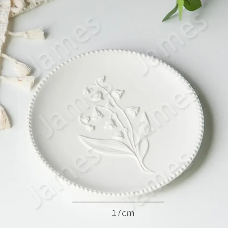 Ceramic Plates Relief Style Dinner Plate Valley Lily Pattern Ceramic Plate Tableware Steak Dishes Household Use Dinner Plates