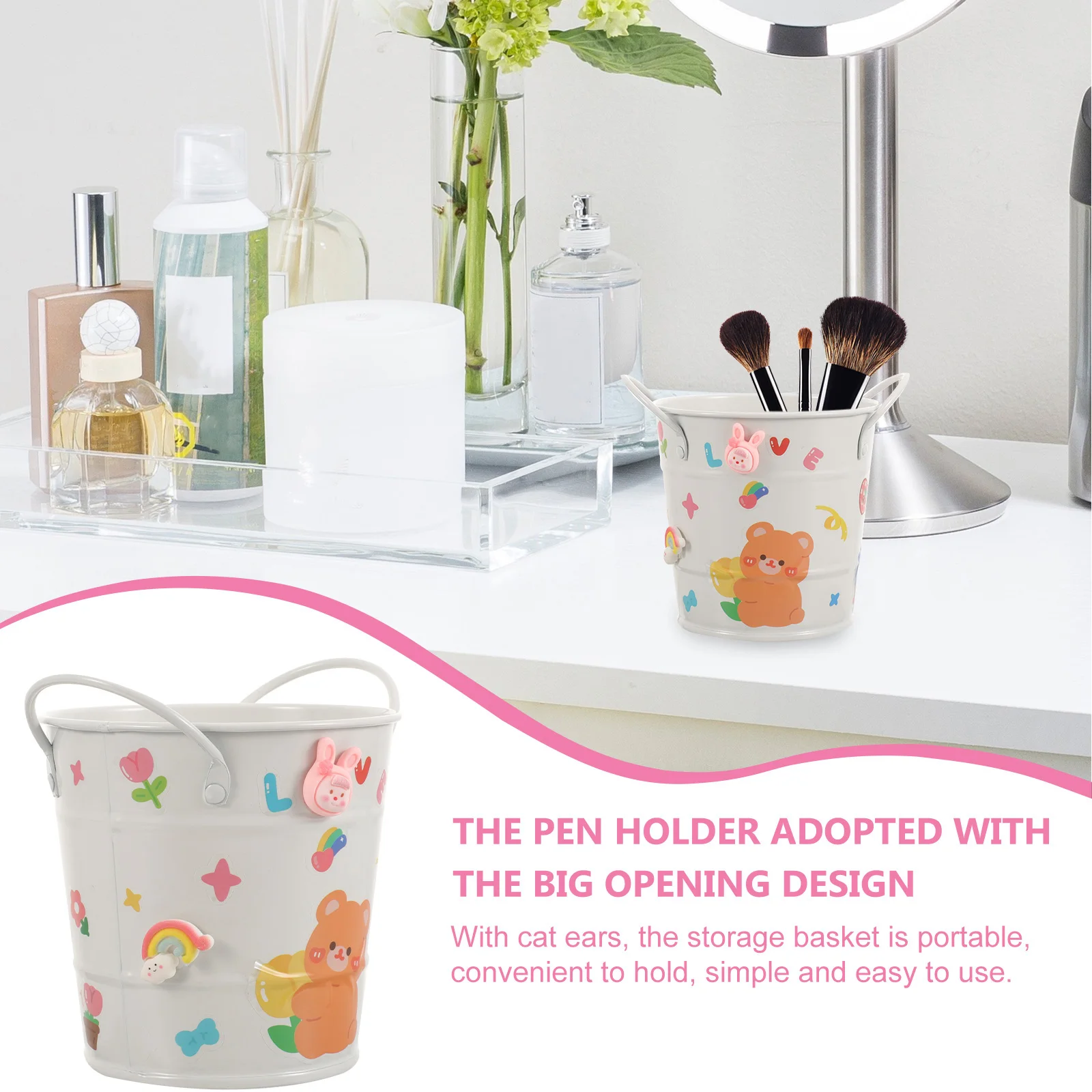 

Iron Makeup Brush Holder White Sticker Patch Big Opening Storage Pens Pencils Desk Organizer Home Office Decor Retro Style Trash