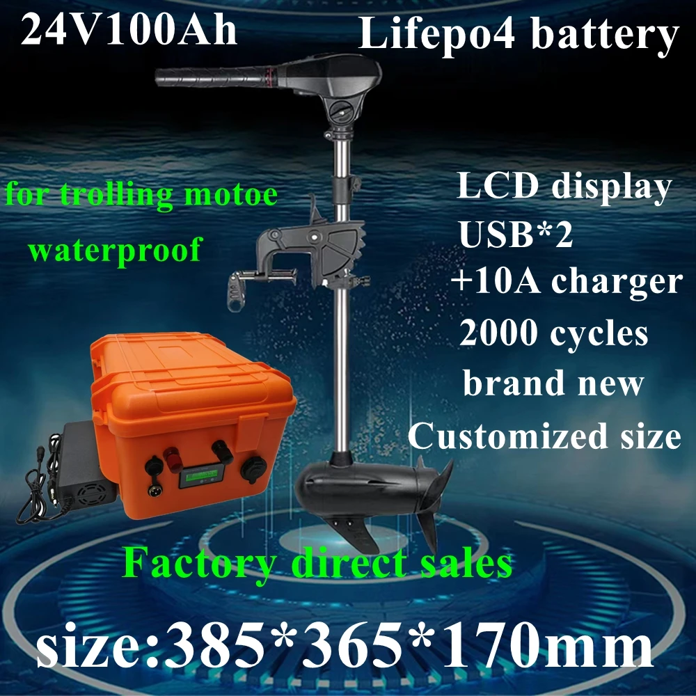 HX-Waterproof lithium battery for boat motor,fishing machine,Solar power,energy storage, LiFePO4, 24V, 100Ah.10A charegr