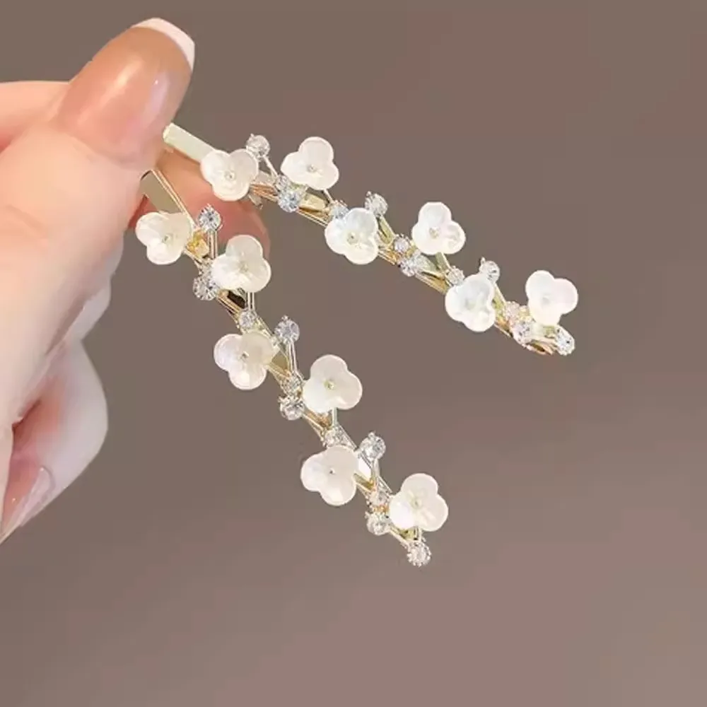 New Chinese-Style Retro White Plum Blossom Rhinestone Hairpin, Ancient-Style Rhinestone Side Clip, Bangs Clip, Hairpin