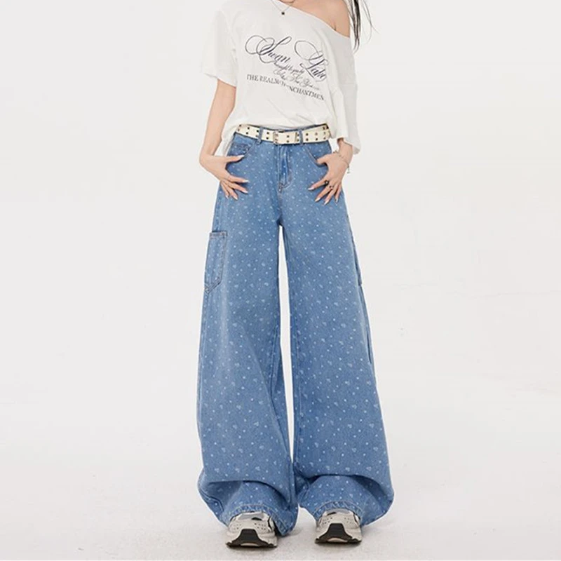FINEWORDS Vintage Harajuku Casual Printed Korean Jeans Women Loose Full Length Wide Leg Jeans Easymatch Baggy Denim Pants
