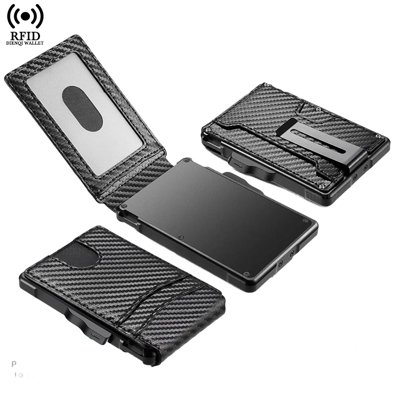 

Держатель для визитных карточек из углеродного волокна, всплывающий металлический корпус, зажим для денег, двойные кошельки, держатель для кредитных визитных карточек для мужчин, хранение карт