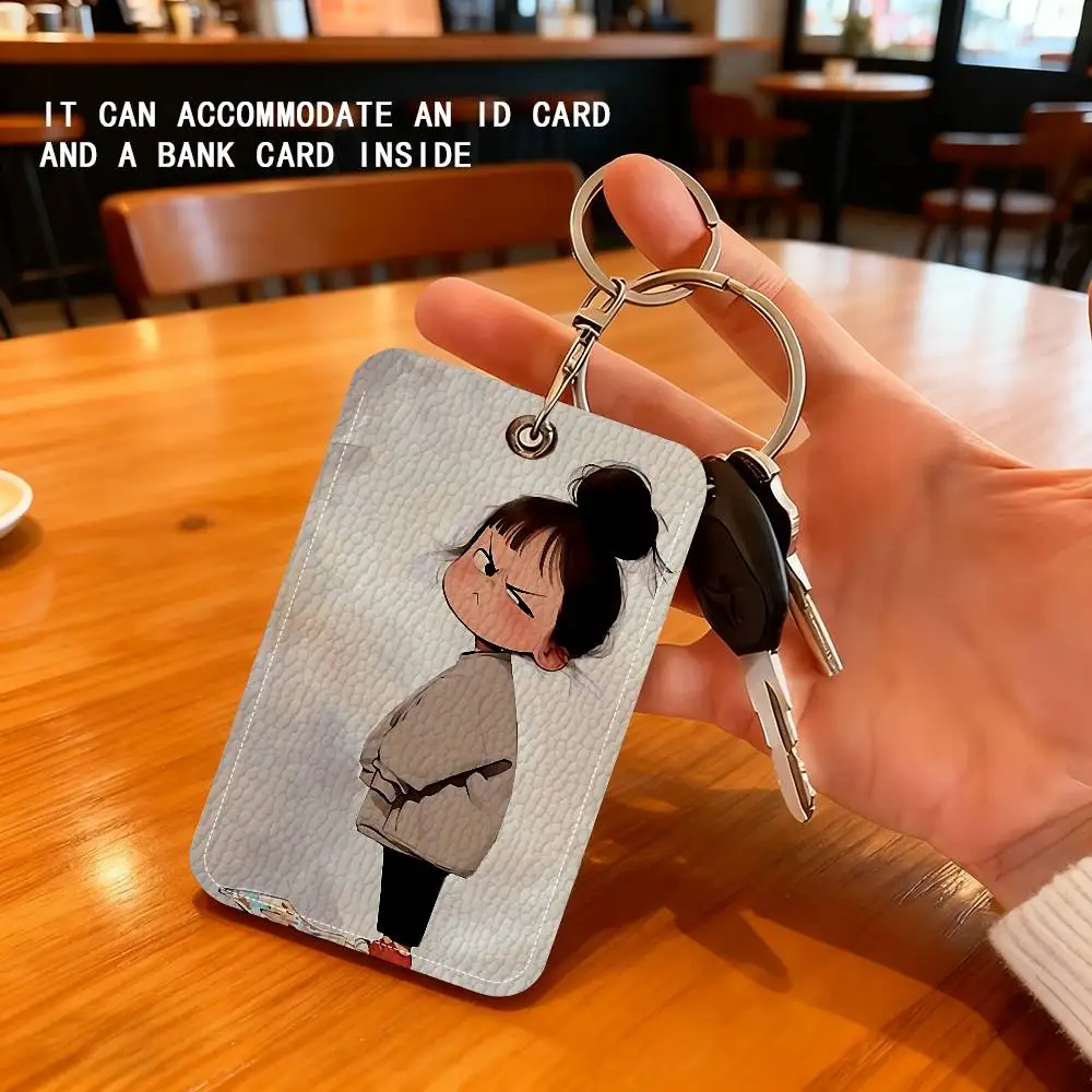 Cute Angry Little Girl Keyring Leather Access Card Holder Keychain Community Water Drop Proximity Card Protective Case