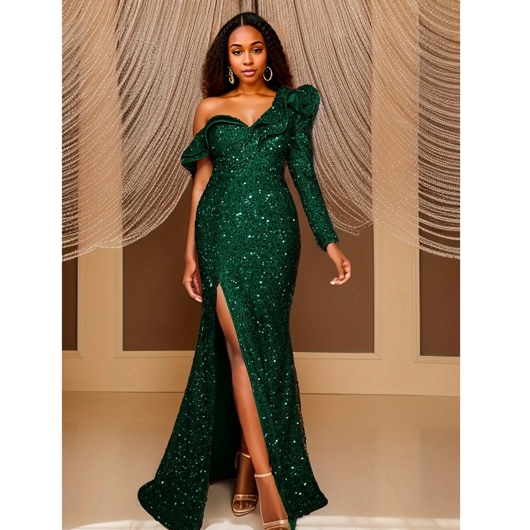 

One Shoulder Ruffled Front Split Green Sequined Evening Dress Prom Gown