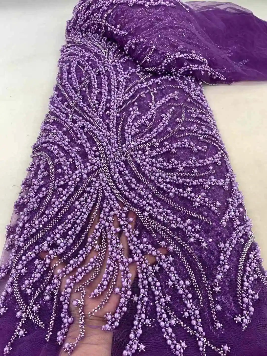 5 Yards High-end Heavy Beaded Fabric Latest African Luxury Sequins Groom Embroidery Fabric French Tulle Lace For Sewing Wedding