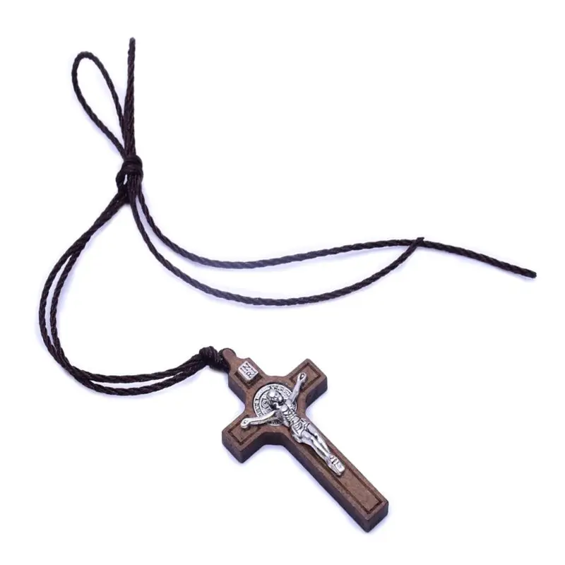 Retro Jesus Cross Necklace Wood Metal Pendant Orthodox Praying Chain Jewelry Catholic Religious Christian Crucifix Gift for Men