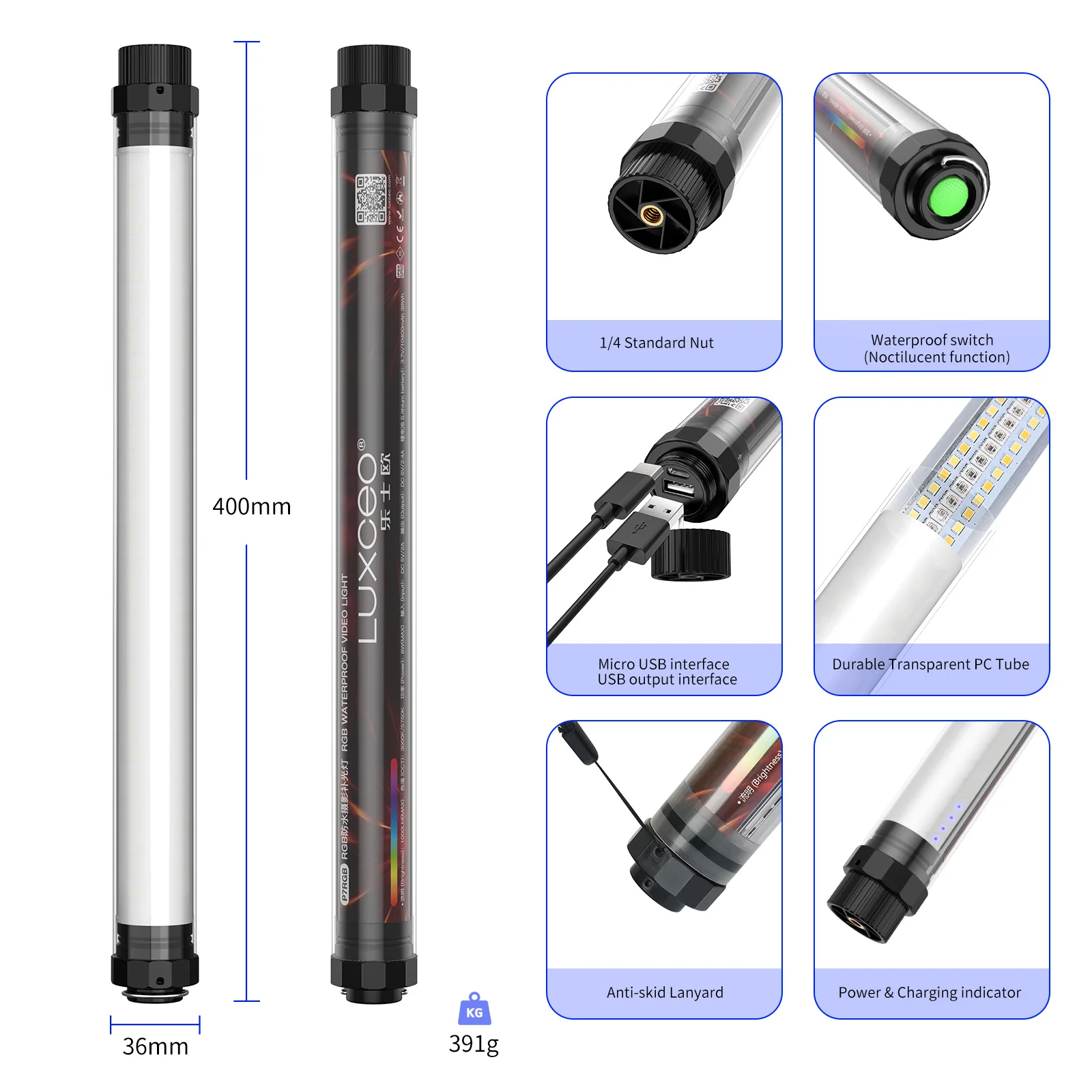 LUXCEO P7RGB Waterproof Video Light Stick 10400mAh 8W 1000LM RA95+ Led Photography Light Tube for Film Photo Underwater Shooting