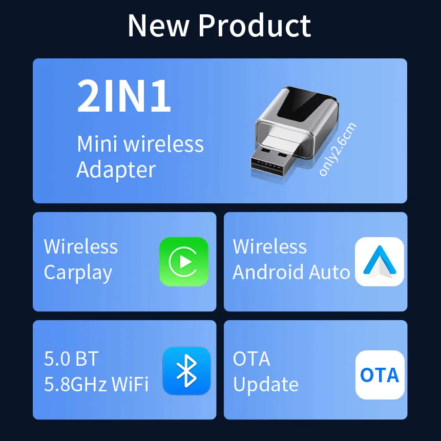 

Wired to Wireless 2 In1 Carplay&Android Auto Adapter Glass Rearview Mirror Mini AI Box, USB/C Type Plug & Play For OEM Car