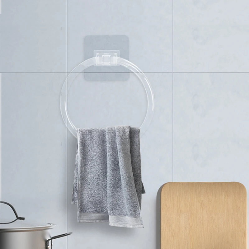 No Drilling Bathroom Towel Ring Holder Self Adhesive 180° Rotatable Transparent Hand Towel Rack Hanger for Kitchen