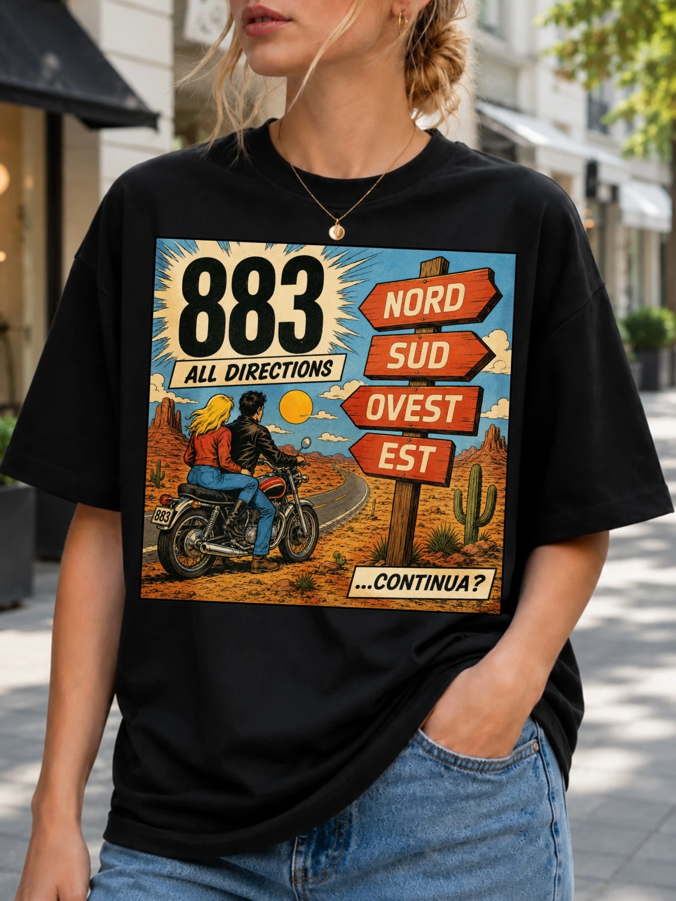 883 All Directions desert motorcycle road graphic with cacti bold 883 number wooden signs and  Unisex All T-Shirt