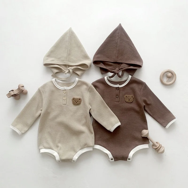 2023 Autumn Newborn Baby Clothes 0-2Years Infant Boy Girl Long Sleeve O-Neck Bear Romper Cotton Bodusuit Hat 2PCS Outwear