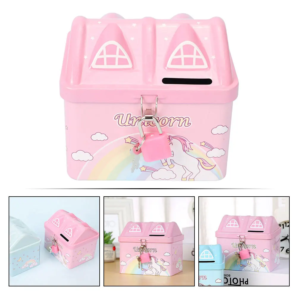 집 모양 만화 금속 저금통 자물쇠 어린이 소녀 돈 저금통 동전 항아리 방 장식 소녀용 저금통