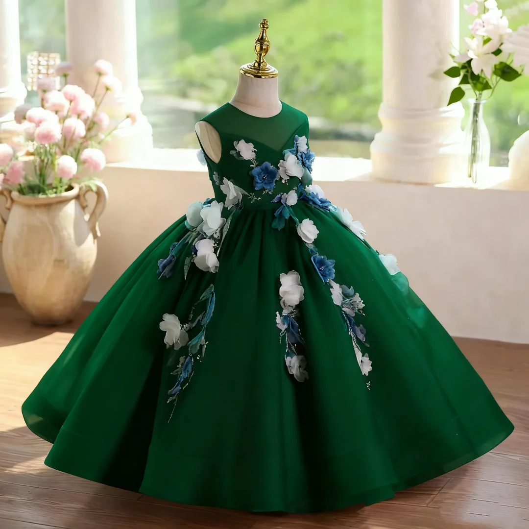 Vestido de princesa con flores para niña, falda de tul brillante, vestido acampanado con apliques, vestido personalizado hasta el suelo para bodas y cumpleaños