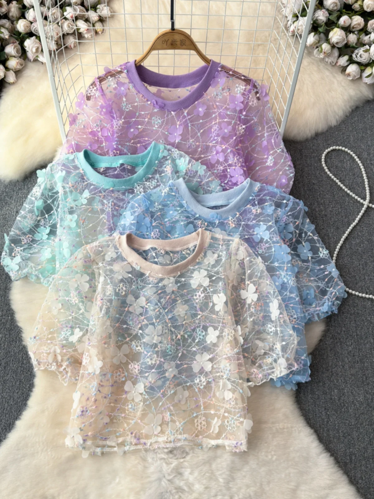 Coreano Sle Chic Lace Me Bubble Sve round Ne Top da donna Estate Nuovo arrivo Faion Commute Loose Fit ort Sve