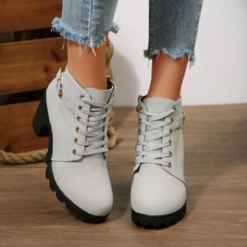 Women Ankle Boots Leather PU Elegant Mid Heels Retro Short Boots Fashion Pointed Toe Lace-up Black Summer Boots Plus Size 35 43