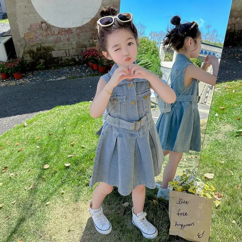 2024 Elegant Fashion Harajuku Slim Fit Children Clothes Loose Casual All Match Vest Skirt Solid Button Sleeveless Denim Dress