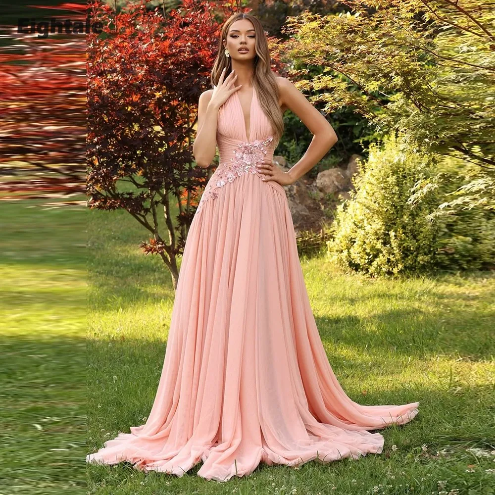 

Eightale Arabic Evening Dress Pleats Halter Pink Customized 3D Flowers A-Line Chiffon Celebrity Prom Wedding Party Gown