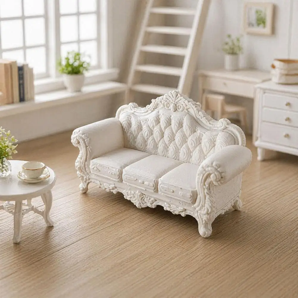 Small Sofa Model Miniature Vintage Sofa for Dollhouse Retro Couch Figurine Tiny Lounge Chair Model 1/12 Scale Dollhouse