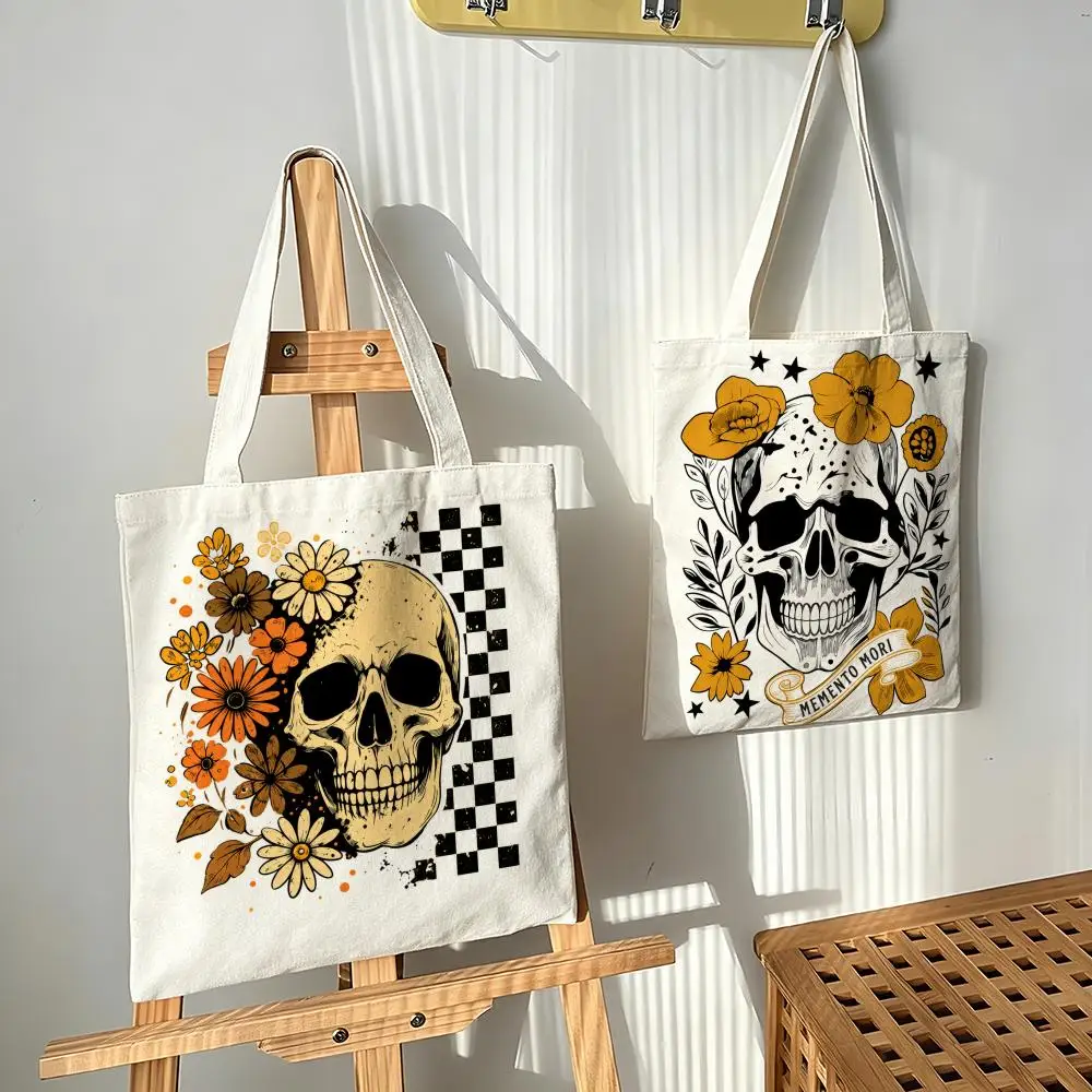 Skull floral print Storage Bags Canvas bags are suitable for going to class, shopping, gifts, and commuting
