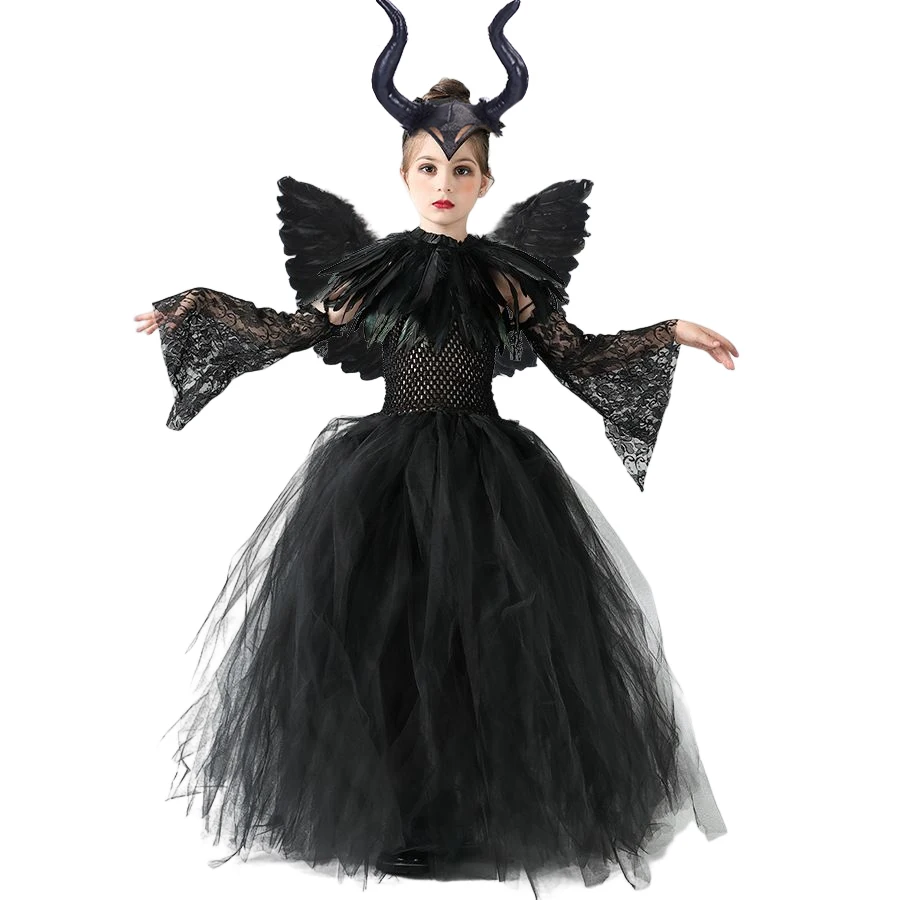 Halloween Costume Maleficent Tutu Dress For Girls Cosplay Evil Queen Black Mesh Princess Dress Kids Crow Wand Demon Witch Gown