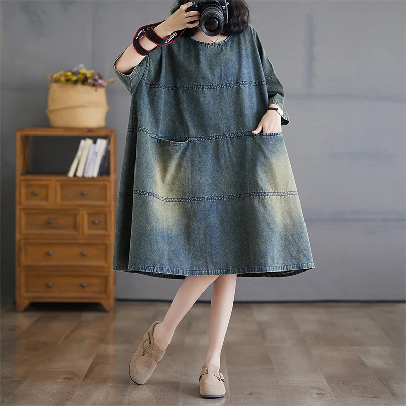 

Retro Waed Patchwork Denim Dr Ladies plus Size Loose Big Swing Skirt Cotton Polyester Spring Summer Loose Fit Dr