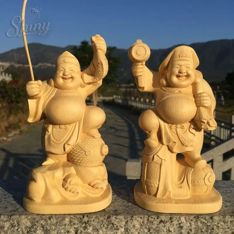 

15CM Wooden Ebisu Daikokuten Statues Hand Carved Japanese Seven Lucky Gods Wealth Prosperity Fortune Figurine Ornament Home