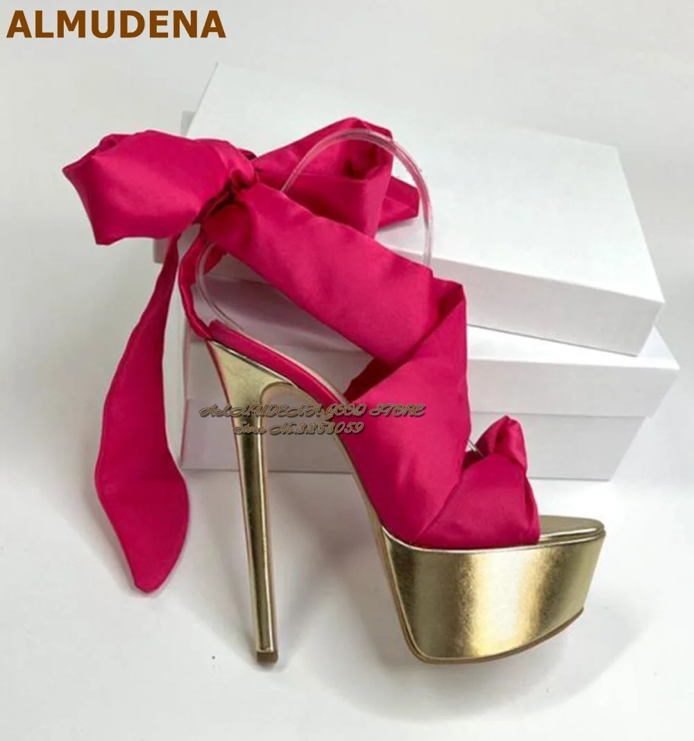 

ALMUDENA Golden Heels Pink Green Satin Cloth Sandals High Platform Butterfly-knot Lace-up Dress Shoes Silk Fabric Wedding Pumps