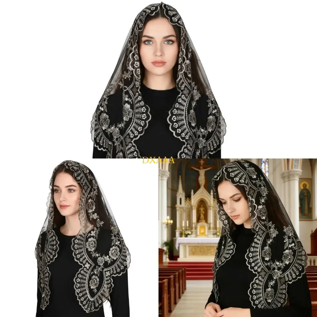 

DXAA Элегантный кружевной платок с цветочной вышивкой для церковной молитвы и религиозных церемоний, мягкий полиэстеровый шарф