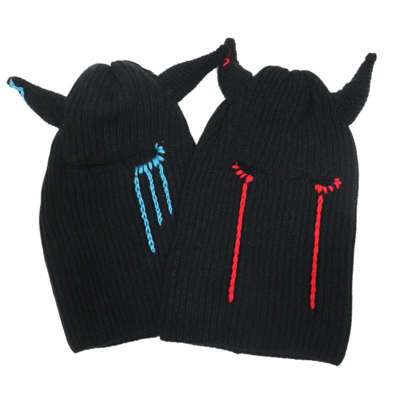 2026 Halloween Funny Horn Knit Hat, Devil Horn Head‑Cover Mask, Warm Novelty Beanie Cap For Autumn Winter Party