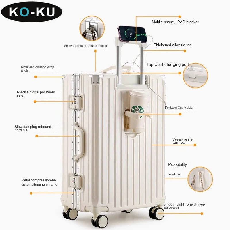 KO-KU Multifunctional Luggage Female Trolley Case Male Aluminium Frame USB Large Capacity 30-inch Suitcase 20-inch Boarding Box