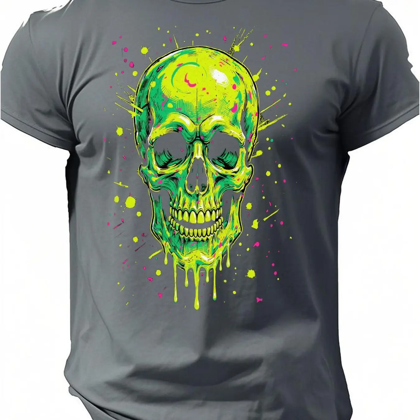 تي شيرت رجالي مطبوع عليه جمجمة باللون الأخضر النيون والأسود باللون الأخضر الداكن والوردي بتصميم بالتنقيط وأكمام قصيرة قابلة للتنفس كاجوال لجميع القديسين
