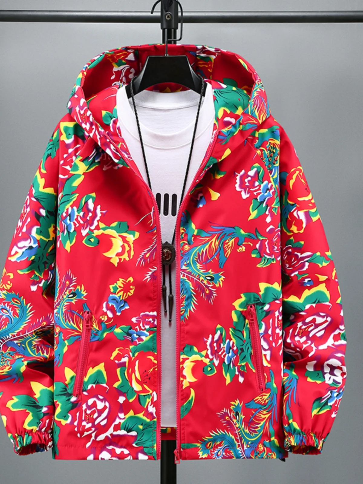 Spring Autumn Men's Jacket Large Floral Print Oversized Popular Style Couple's Top Outerwear Coat for Teenagers in China