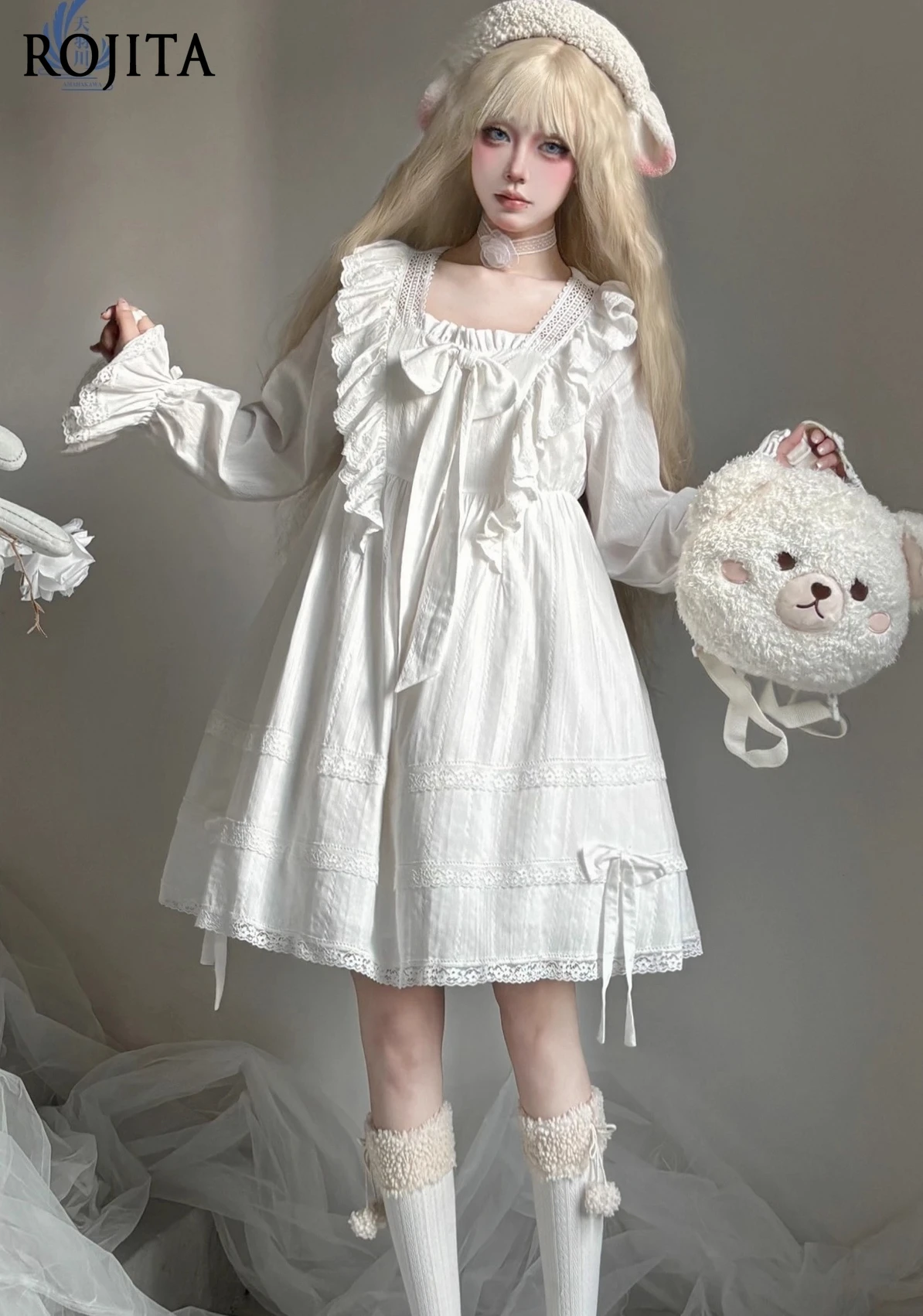 Lolita Dress Women White Princess Style Lace Trim Bow Nightdress Wearable Outside Lace Trim Gothic Lolita Dress