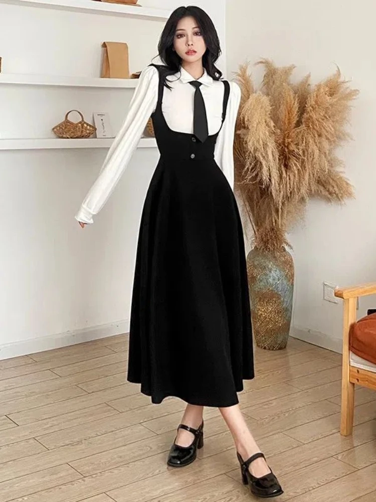 Women Sets Solid French Style Black Strap Midi Dresses Folds Female Trendy Casual Autumn White Shirts Simple Chic Ins Vintage