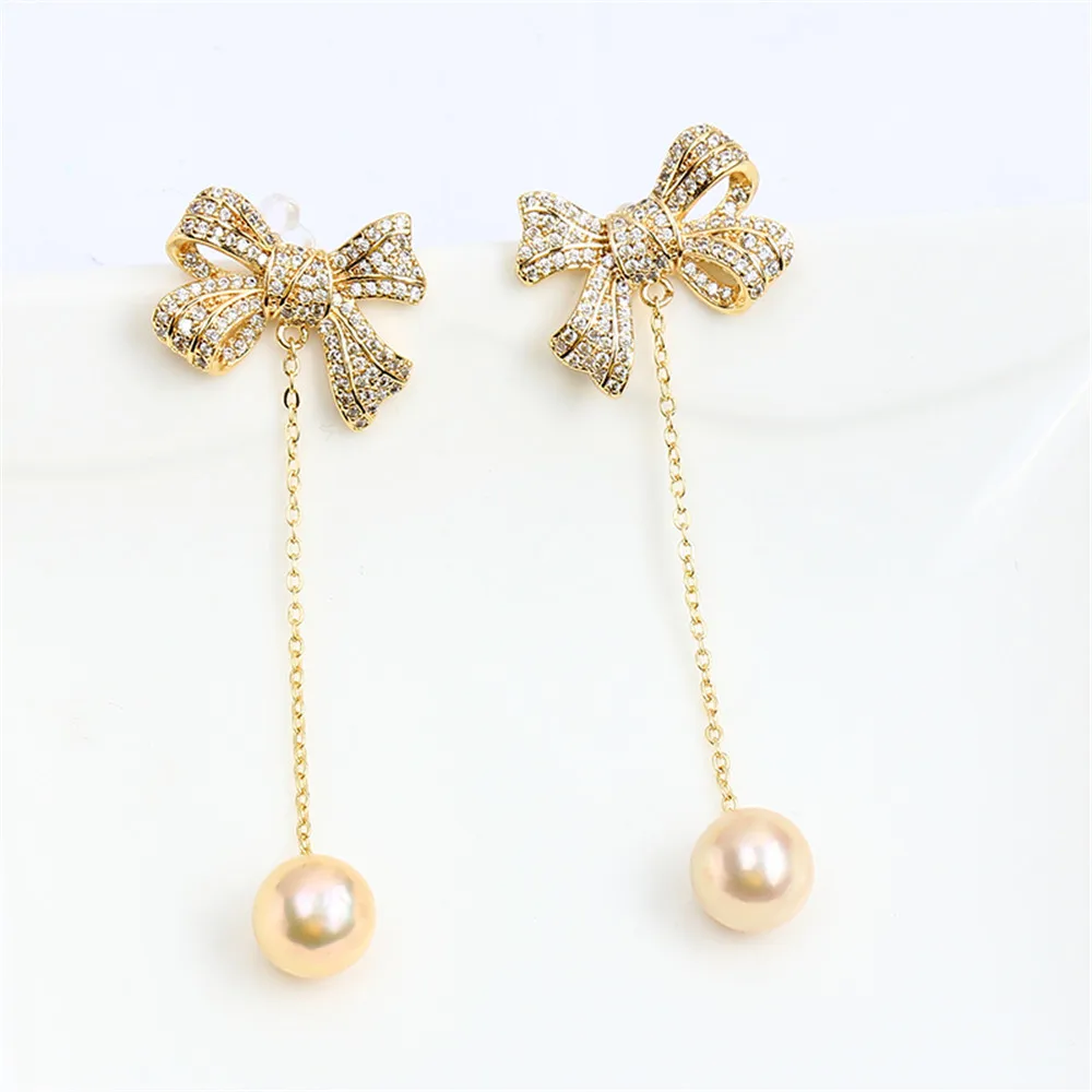 

S925 Silver Needle Domestic 14k Gold Wrapped Gold Injected Bow Knot Earline Pearl DIY Empty Ear Studs Texture for Women