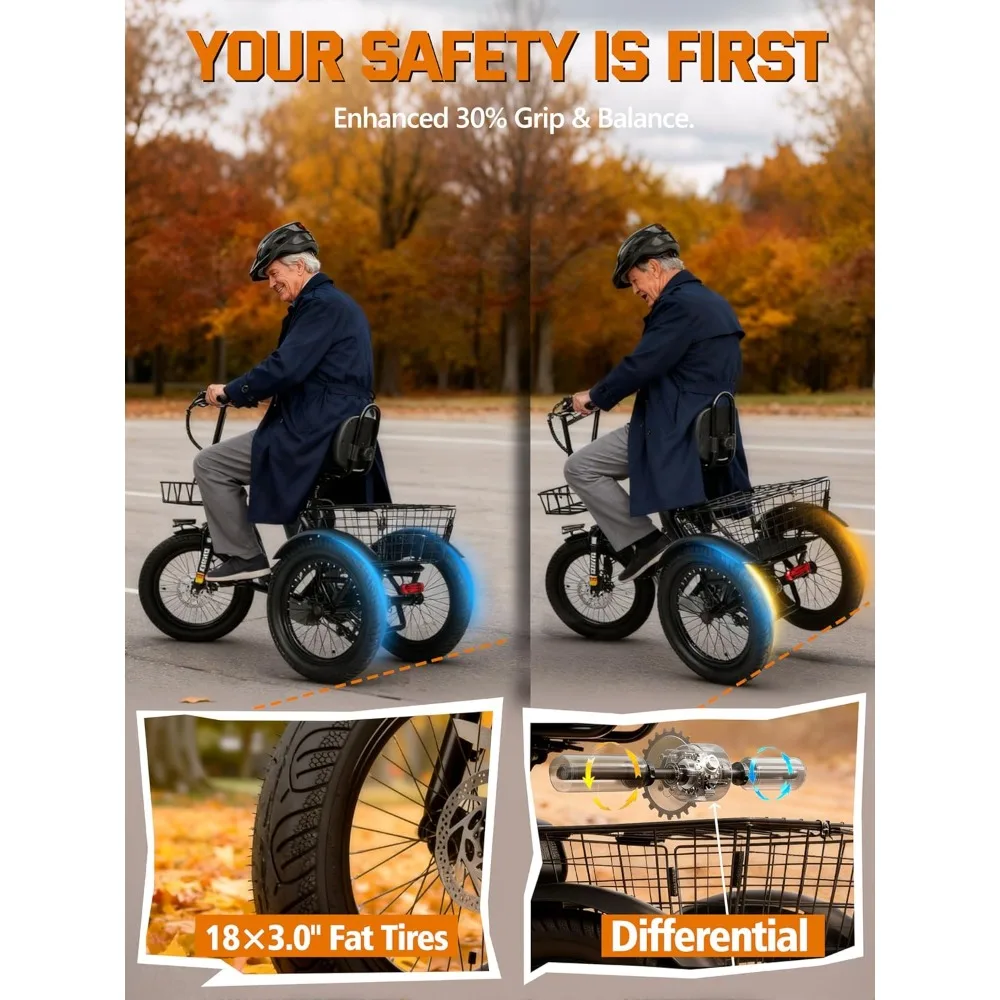 Folding 3 Wheel Electric Bike 1200W Motor 624Wh Battery 18MPH Adult Fat Tire Tricycle image 5