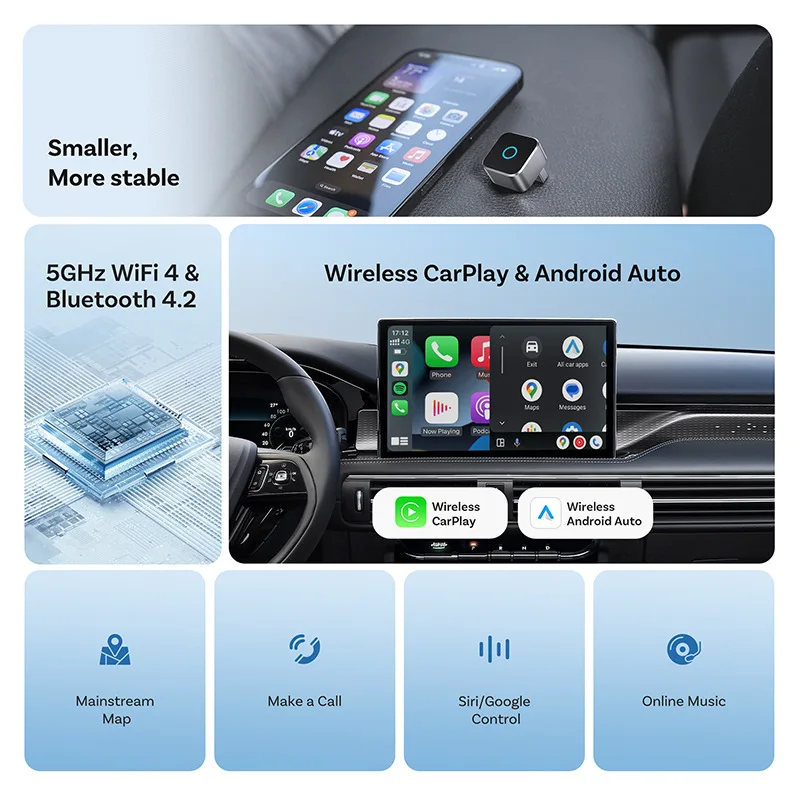2026 CNZKO Mini SLIM Wireless CarPlay Android Auto Adapter for iPhone Android Phone Smallest 2 IN 1 USB Dongle Fast Connect