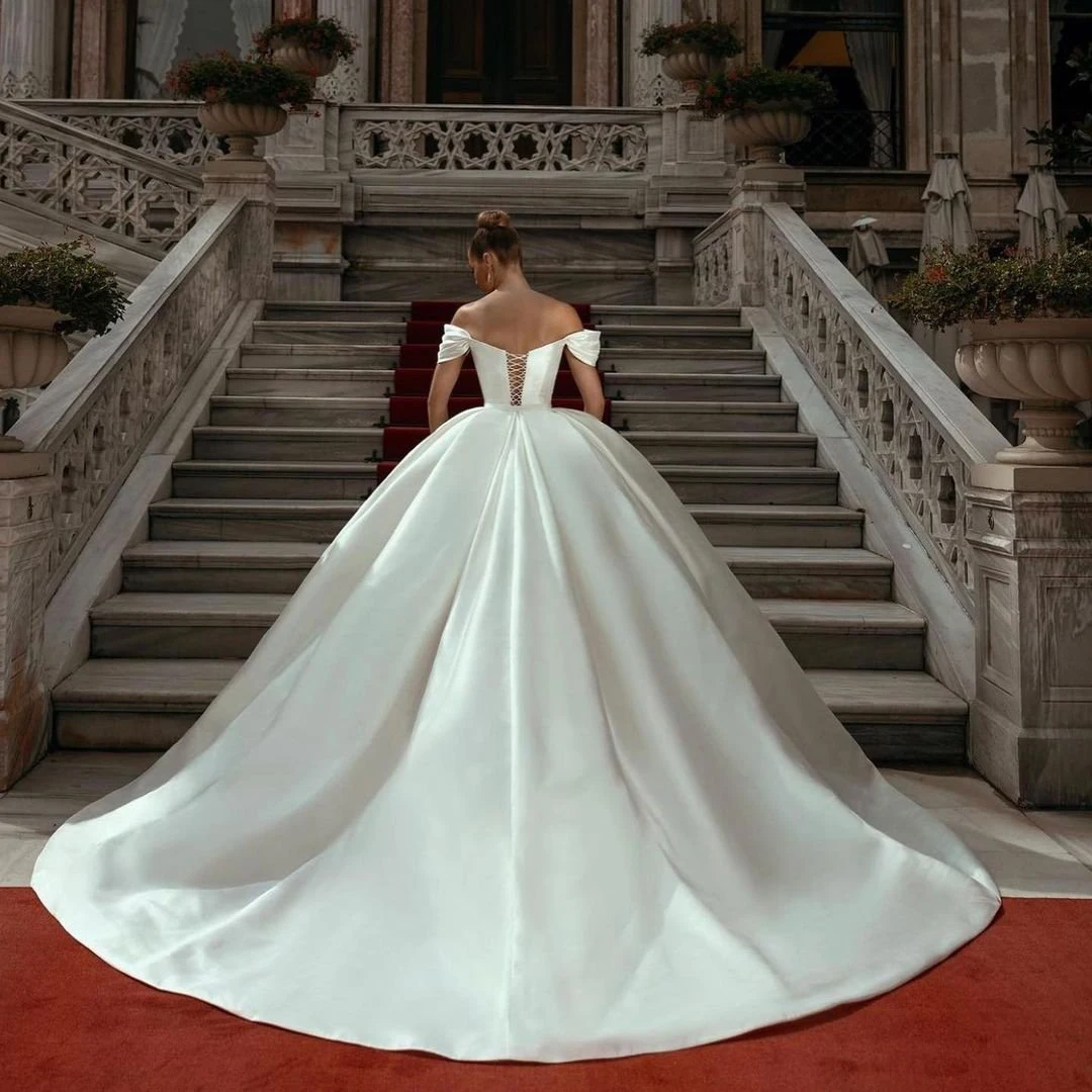 Flavinke-vestido de novia de satén blanco con escote corazón, con hombros descubiertos traje Sexy, tren de barrido, encaje en la espalda, elegante, 2024