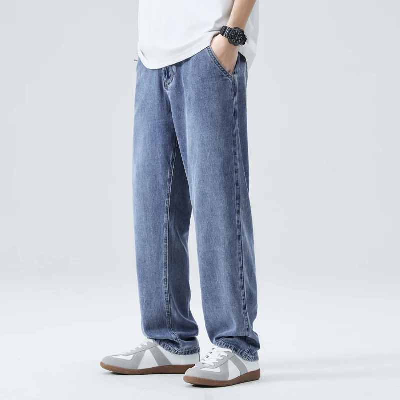 

Men's Summer Thin Straight Leg Casual Denim Jeans Loose Fit Wide Leg Pants Cool Feeling No Stretch Elastic Waist