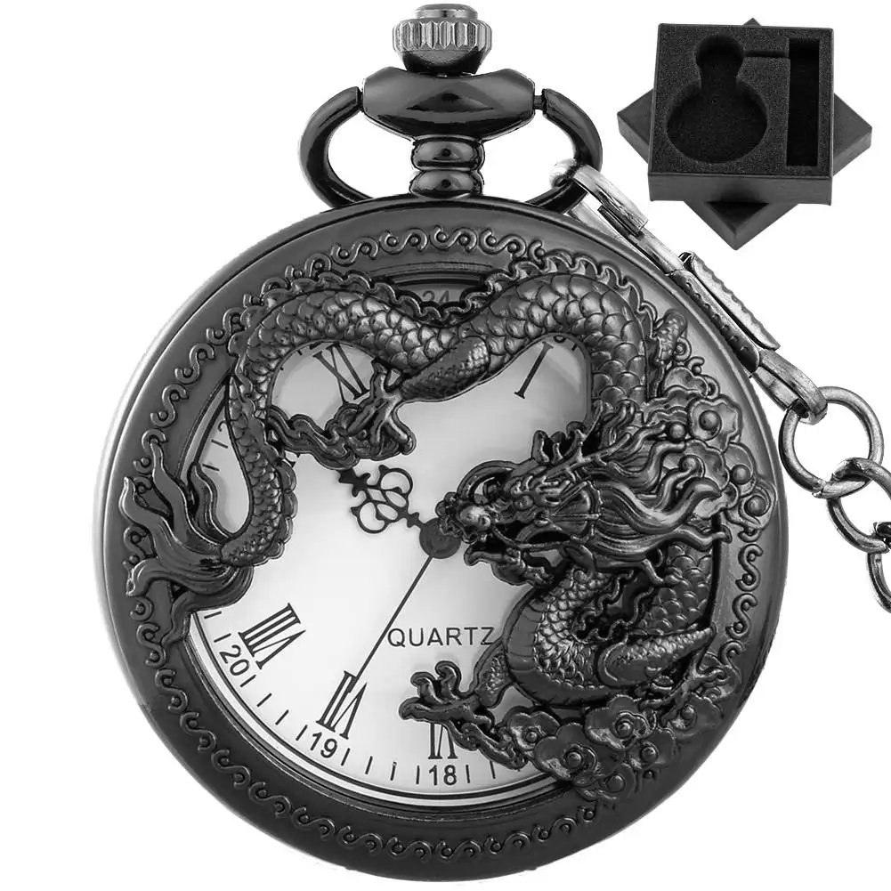 Retro Hollow Black Dragon Quartz Pocket Watch Classic Roman Numerals Dial Pendant Clock Exquisite Necklace Timepiece Gift Unisex
