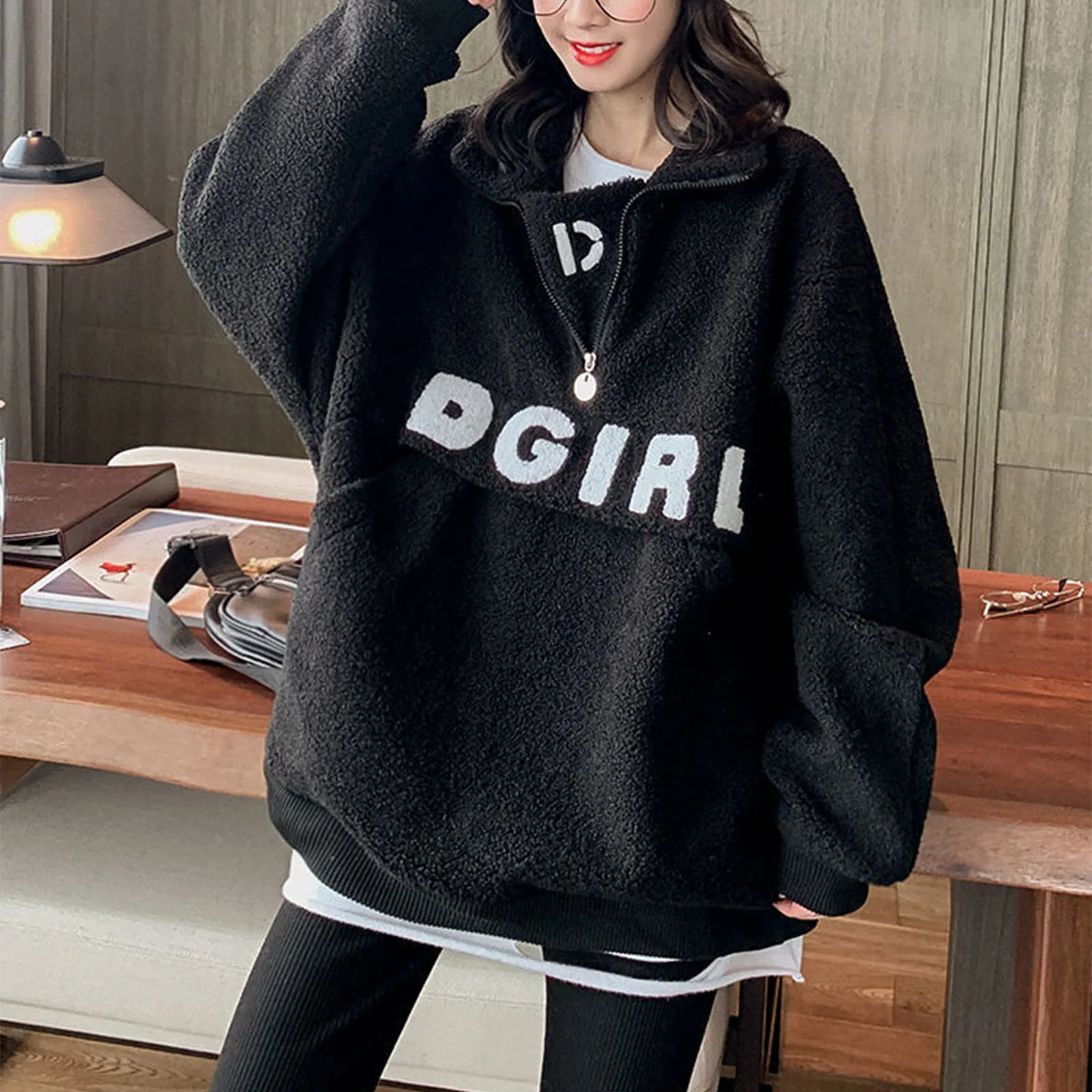 

Women's Autumn And Winter Lamb Fleece Letter Printing Sweatshirts Loose Stand Up Collar Zipper Plush Tops Loose Fashion Hoodies